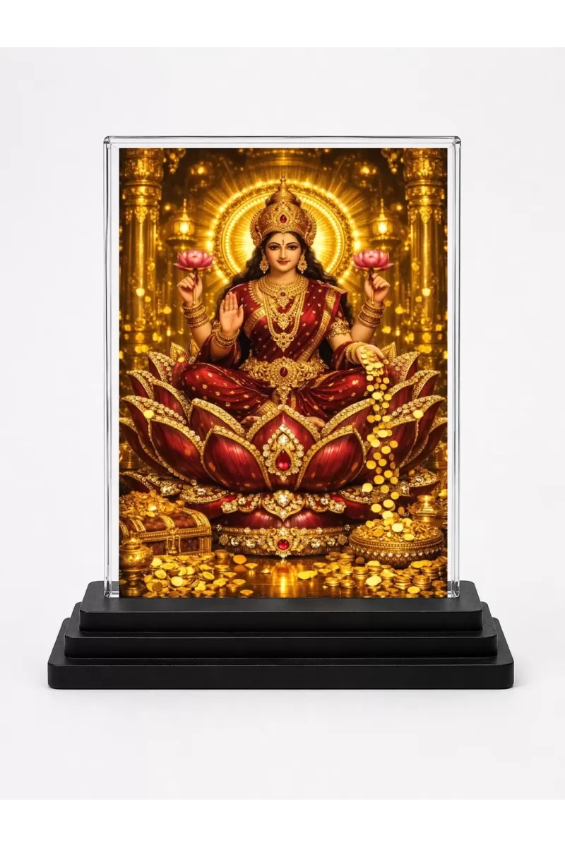 Lakshmi Acrylic Car Dashboard Showpiece | Double-Sided Lakshmi Photo Stand | 3 X 4 Inch Photo | Transparent Acrylic Frame With Black Base | Car Dashboard, Office & Table Decor (F70281)