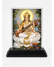 Hindu Goddess Acrylic Car Dashboard Showpiece | Double-Sided Hindu Goddess Photo Stand | 3 X 4 Inch Photo | Transparent Acrylic Frame With Black Base | Car Dashboard, Office & Table Decor (F70288)
