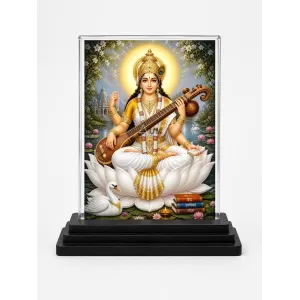 Hindu Goddess Acrylic Car Dashboard Showpiece | Double-Sided Hindu Goddess Photo Stand | 3 X 4 Inch Photo | Transparent Acrylic Frame With Black Base | Car Dashboard, Office & Table Decor (F70288)