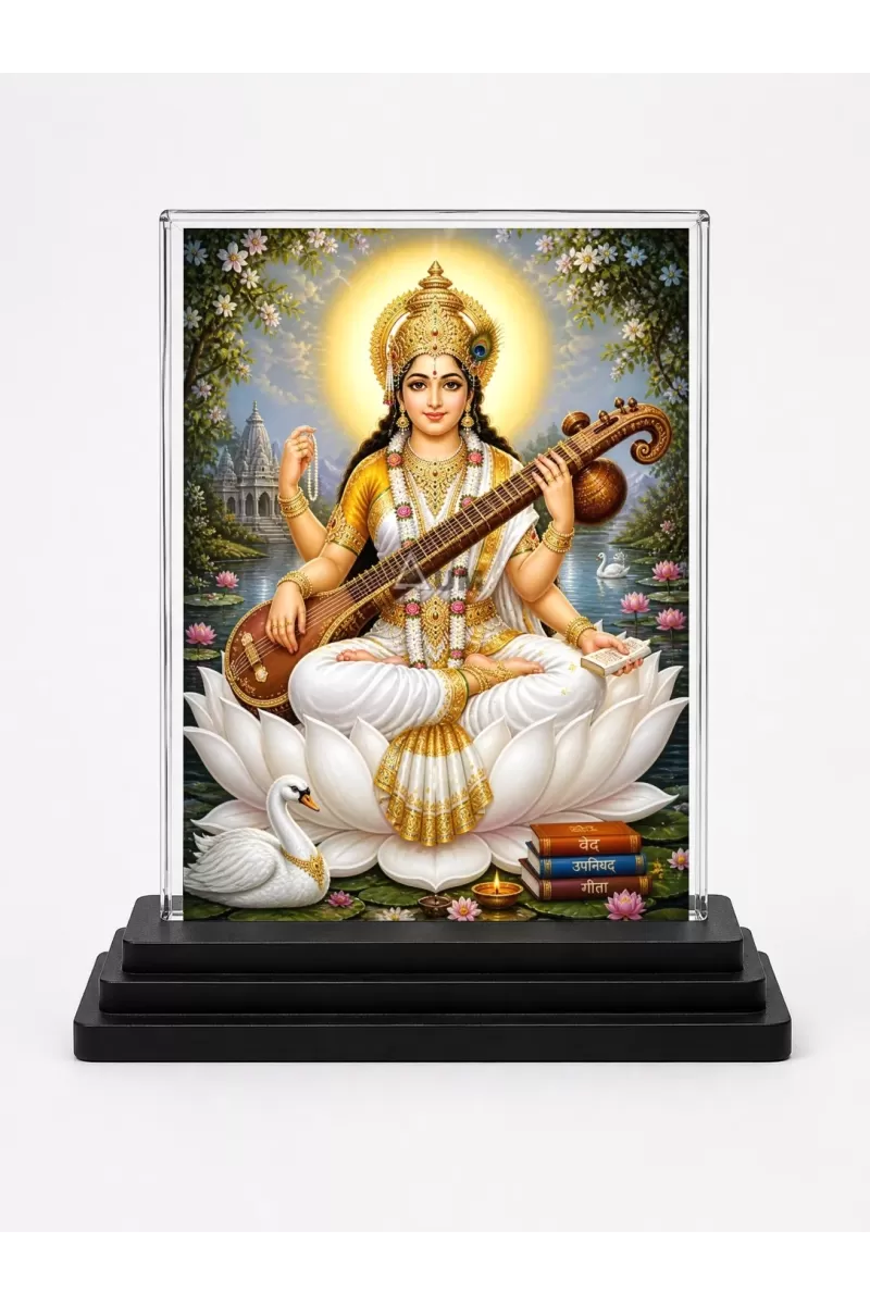 Hindu Goddess Acrylic Car Dashboard Showpiece | Double-Sided Hindu Goddess Photo Stand | 3 X 4 Inch Photo | Transparent Acrylic Frame With Black Base | Car Dashboard, Office & Table Decor (F70288)