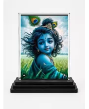 Bal Krishna Acrylic Car Dashboard Showpiece | Double-Sided Bal Krishna Photo Stand | 3 X 4 Inch Photo | Transparent Acrylic Frame With Black Base | Car Dashboard, Office & Table Decor (F70290)