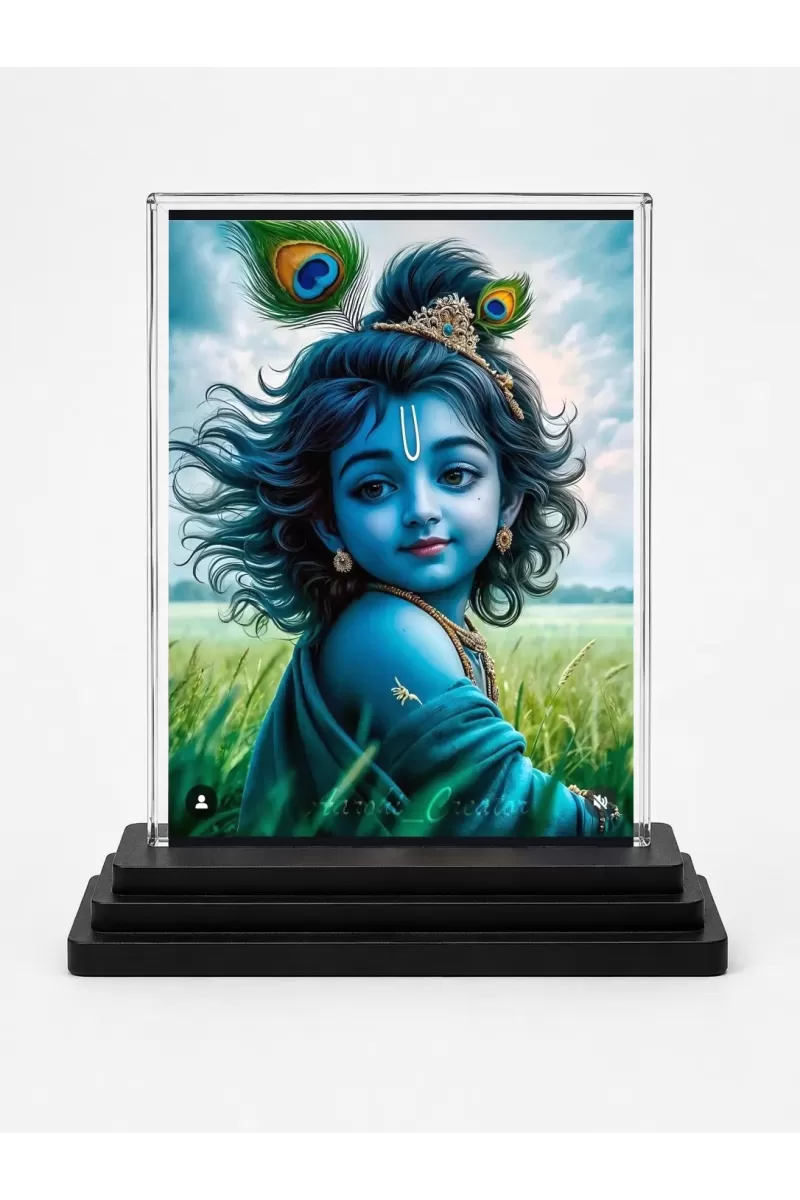 Bal Krishna Acrylic Car Dashboard Showpiece | Double-Sided Bal Krishna Photo Stand | 3 X 4 Inch Photo | Transparent Acrylic Frame With Black Base | Car Dashboard, Office & Table Decor (F70290)