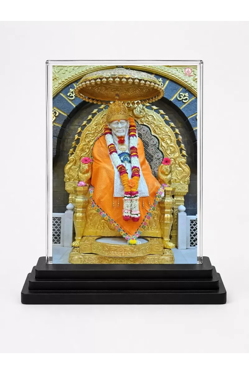 Sai Baba Of Shirdi Acrylic Car Dashboard Showpiece | Double-Sided Sai Baba Of Shirdi Photo Stand | 3 X 4 Inch Photo | Transparent Acrylic Frame With Black Base | Car Dashboard, Office & Table Decor (F70291)