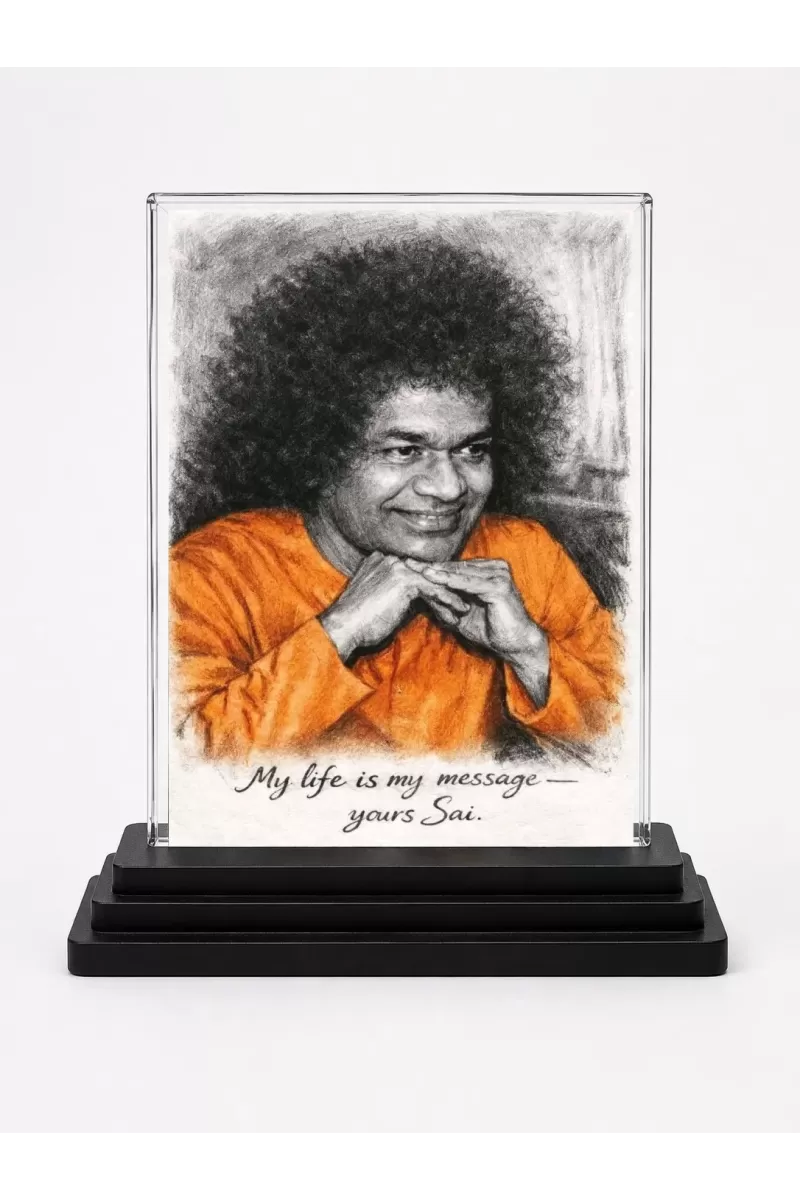 Sathya Sai Baba Acrylic Car Dashboard Showpiece | Double-Sided Sathya Sai Baba Photo Stand | 3 X 4 Inch Photo | Transparent Acrylic Frame With Black Base | Car Dashboard, Office & Table Decor (F70292)