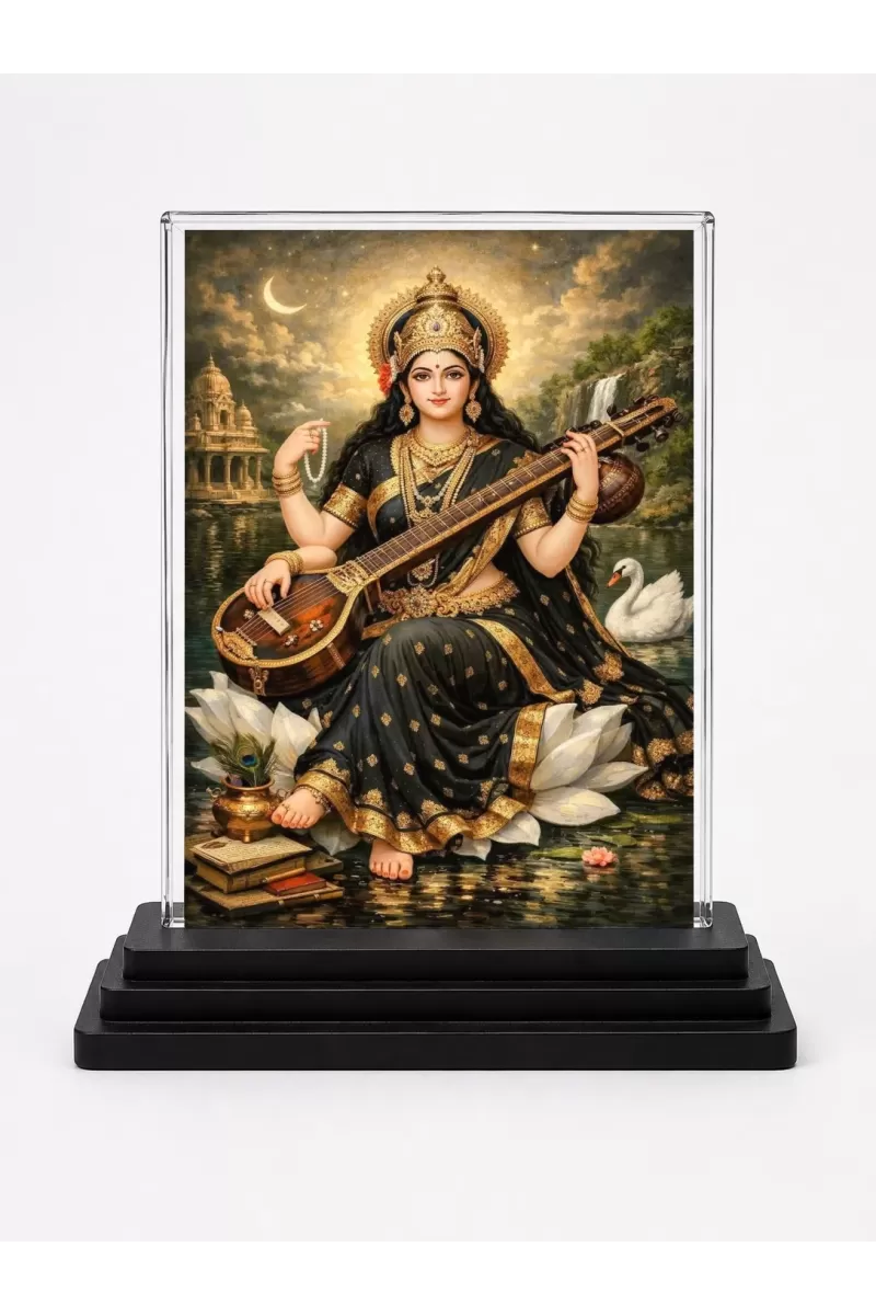 Hindu Deity Acrylic Car Dashboard Showpiece | Double-Sided Hindu Deity Photo Stand | 3 X 4 Inch Photo | Transparent Acrylic Frame With Black Base | Car Dashboard, Office & Table Decor (F70295)