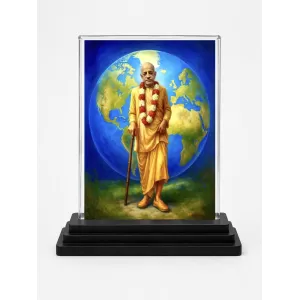 A.C. Bhaktivedanta Swami Prabhupada Acrylic Car Dashboard Showpiece | Double-Sided A.C. Bhaktivedanta Swami Prabhupada Photo Stand | 3 X 4 Inch Photo | Transparent Acrylic Frame With Black Base | Car Dashboard, Office & Table Decor (F70297)