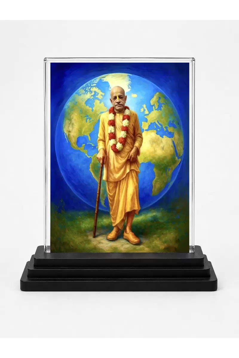 A.C. Bhaktivedanta Swami Prabhupada Acrylic Car Dashboard Showpiece | Double-Sided A.C. Bhaktivedanta Swami Prabhupada Photo Stand | 3 X 4 Inch Photo | Transparent Acrylic Frame With Black Base | Car Dashboard, Office & Table Decor (F70297)