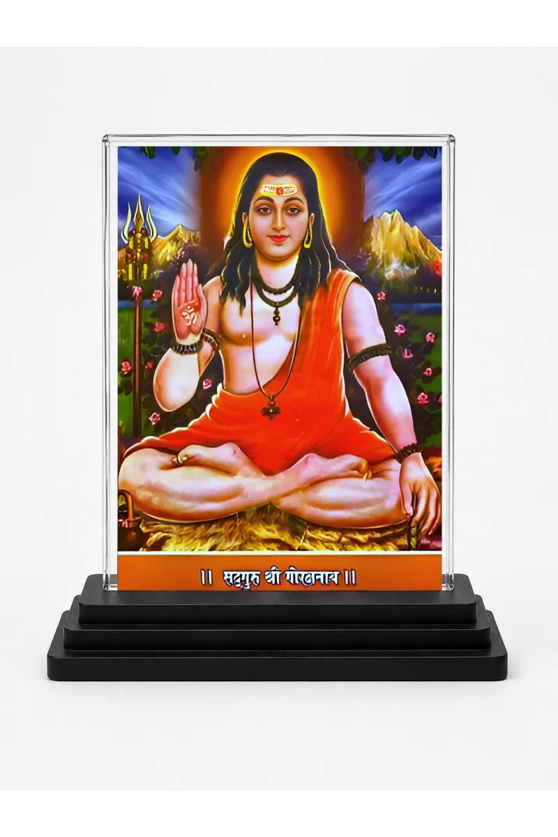 Guru Gorakhnath Acrylic Car Dashboard Showpiece | Double-Sided Guru Gorakhnath Photo Stand | 3 X 4 Inch Photo | Transparent Acrylic Frame With Black Base | Car Dashboard, Office & Table Decor (F70299)
