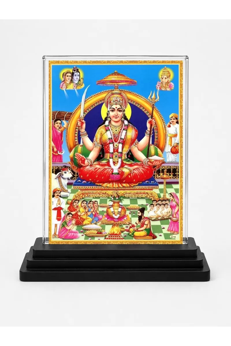Santoshi Mata Acrylic Car Dashboard Showpiece | Double-Sided Santoshi Mata Photo Stand | 3 X 4 Inch Photo | Transparent Acrylic Frame With Black Base | Car Dashboard, Office & Table Decor (F70302)