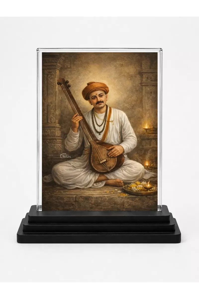 Sant Namdev Acrylic Car Dashboard Showpiece | Double-Sided Sant Namdev Photo Stand | 3 X 4 Inch Photo | Transparent Acrylic Frame With Black Base | Car Dashboard, Office & Table Decor (F70303)