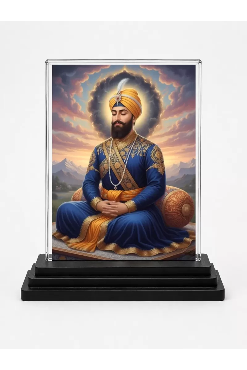 Guru Gobind Singh Ji Acrylic Car Dashboard Showpiece | Double-Sided Guru Gobind Singh Ji Photo Stand | 3 X 4 Inch Photo | Transparent Acrylic Frame With Black Base | Car Dashboard, Office & Table Decor (F70305)