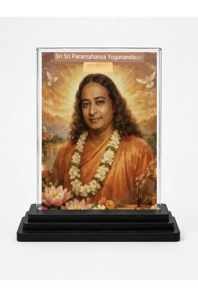 Yogadananda Acrylic Car Dashboard Showpiece | Double-Sided Yogadananda Photo Stand | 3 X 4 Inch Photo | Transparent Acrylic Frame With Black Base | Car Dashboard, Office & Table Decor (F70306)