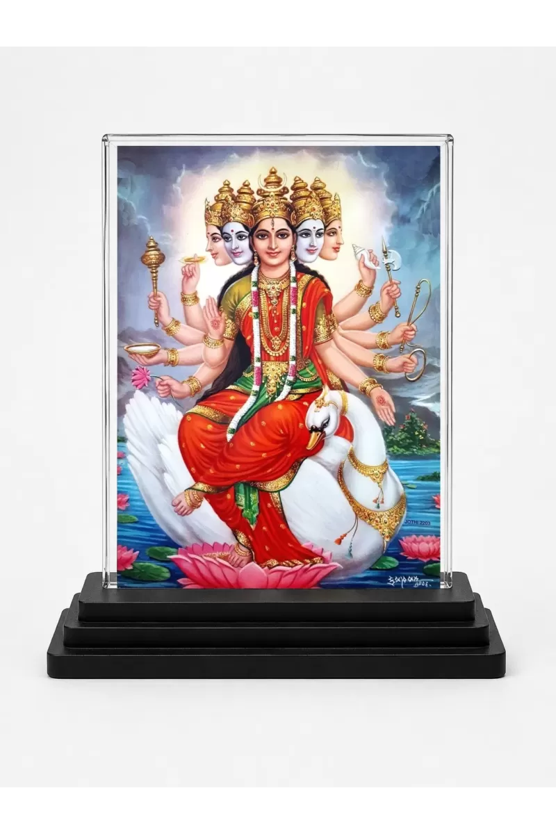Gayatri Mata Acrylic Car Dashboard Showpiece | Double-Sided Gayatri Mata Photo Stand | 3 X 4 Inch Photo | Transparent Acrylic Frame With Black Base | Car Dashboard, Office & Table Decor (F70307)