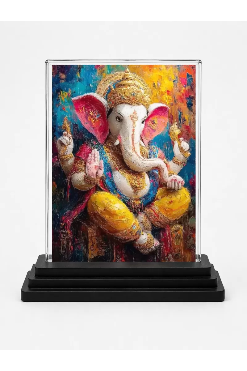 Lord Ganesha Acrylic Car Dashboard Showpiece | Double-Sided Lord Ganesha Photo Stand | 3 X 4 Inch Photo | Transparent Acrylic Frame With Black Base | Car Dashboard, Office & Table Decor (F70311)