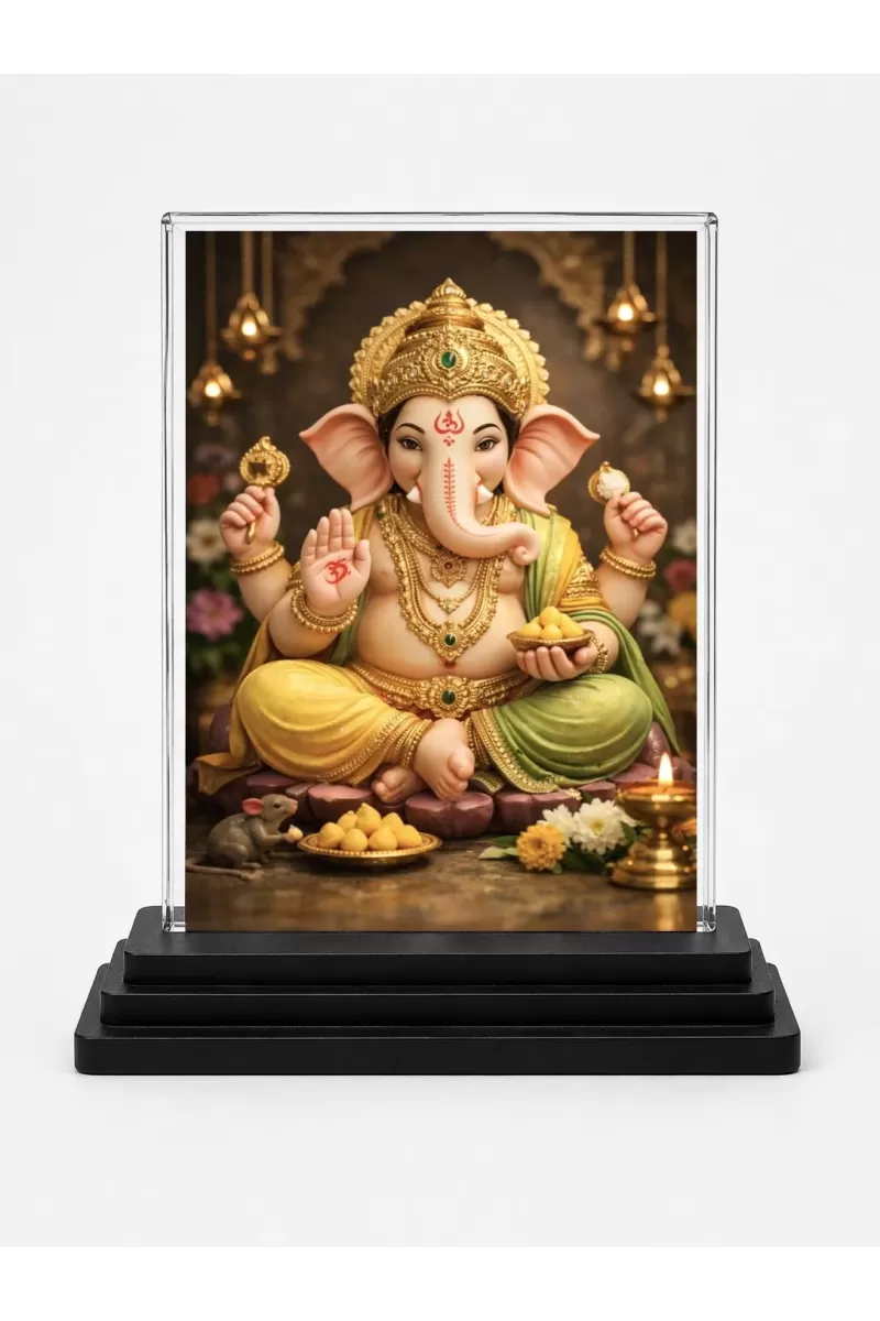 Lord Ganesha Acrylic Car Dashboard Showpiece | Double-Sided Lord Ganesha Photo Stand | 3 X 4 Inch Photo | Transparent Acrylic Frame With Black Base | Car Dashboard, Office & Table Decor (F70313)