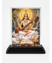 Saraswati Acrylic Car Dashboard Showpiece | Double-Sided Saraswati Photo Stand | 3 X 4 Inch Photo | Transparent Acrylic Frame With Black Base | Car Dashboard, Office & Table Decor (F70314)