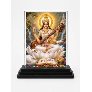 Saraswati Acrylic Car Dashboard Showpiece | Double-Sided Saraswati Photo Stand | 3 X 4 Inch Photo | Transparent Acrylic Frame With Black Base | Car Dashboard, Office & Table Decor (F70314)