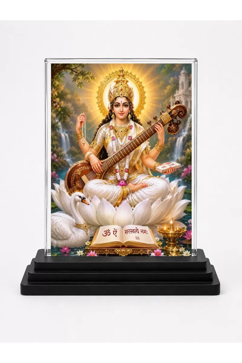 Saraswati Acrylic Car Dashboard Showpiece | Double-Sided Saraswati Photo Stand | 3 X 4 Inch Photo | Transparent Acrylic Frame With Black Base | Car Dashboard, Office & Table Decor (F70314)