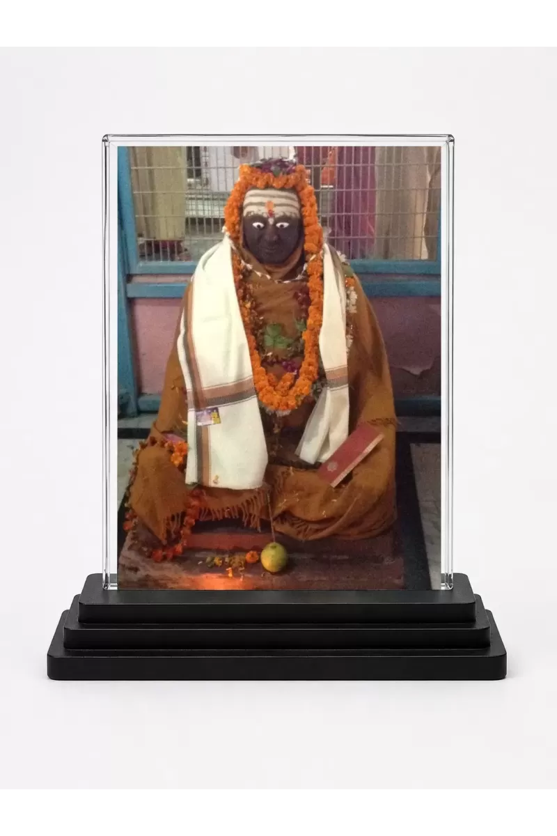 Railanga Swami Acrylic Car Dashboard Showpiece | Double-Sided Railanga Swami Photo Stand | 3 X 4 Inch Photo | Transparent Acrylic Frame With Black Base | Car Dashboard, Office & Table Decor (F70315)
