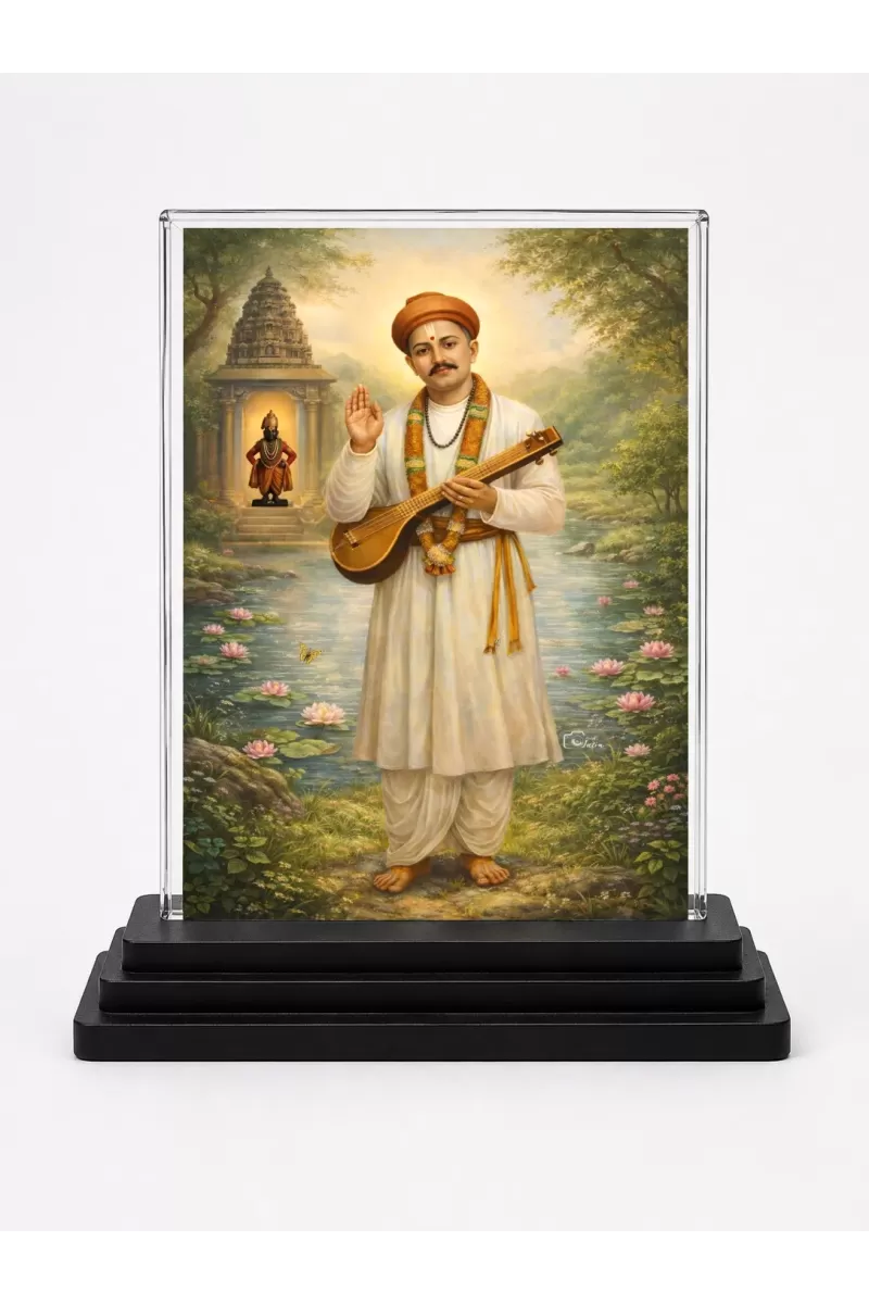 Sant Namdev Acrylic Car Dashboard Showpiece | Double-Sided Sant Namdev Photo Stand | 3 X 4 Inch Photo | Transparent Acrylic Frame With Black Base | Car Dashboard, Office & Table Decor (F70316)