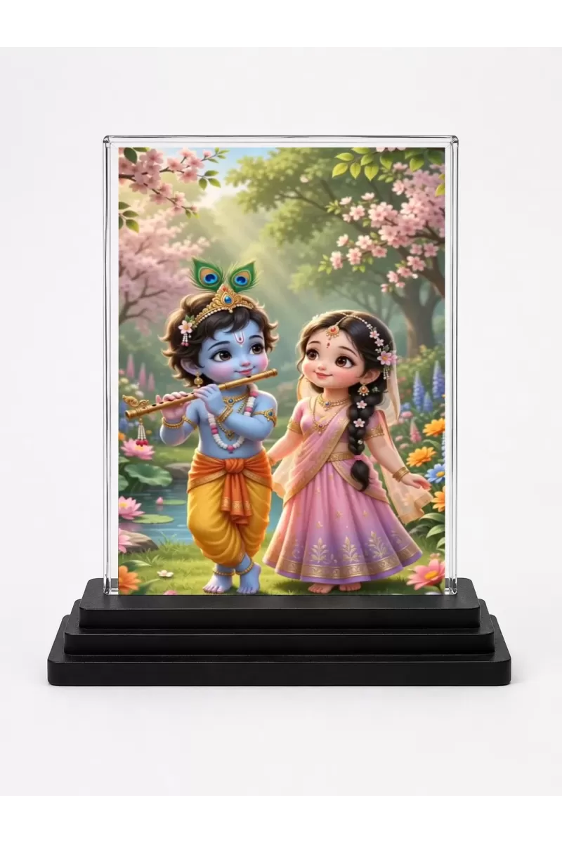 Krishna Acrylic Car Dashboard Showpiece | Double-Sided Krishna Photo Stand | 3 X 4 Inch Photo | Transparent Acrylic Frame With Black Base | Car Dashboard, Office & Table Decor (F70318)