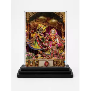 ISKCON Temple Acrylic Car Dashboard Showpiece | Double-Sided ISKCON Temple Photo Stand | 3 X 4 Inch Photo | Transparent Acrylic Frame With Black Base | Car Dashboard, Office & Table Decor (F70319)