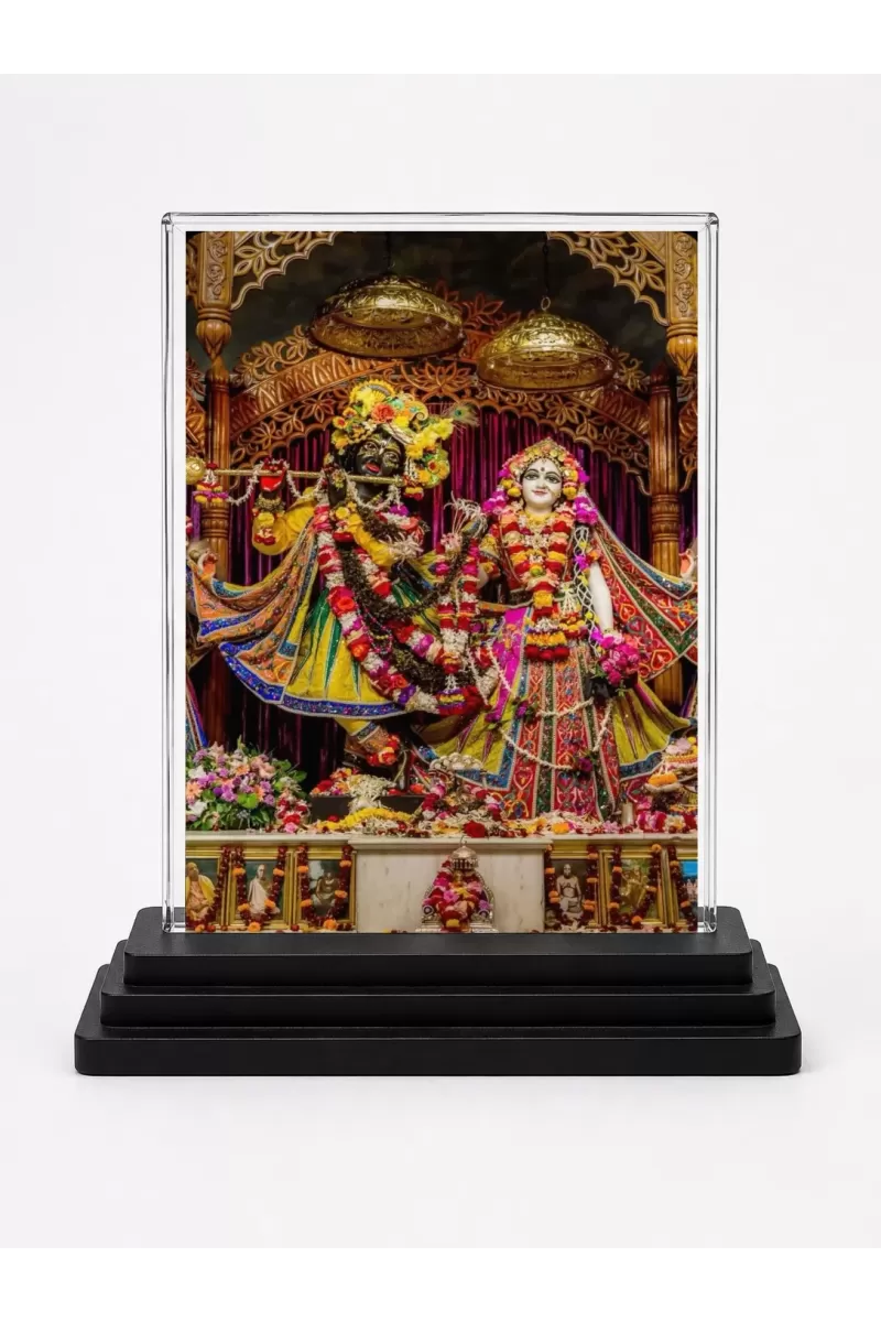 ISKCON Temple Acrylic Car Dashboard Showpiece | Double-Sided ISKCON Temple Photo Stand | 3 X 4 Inch Photo | Transparent Acrylic Frame With Black Base | Car Dashboard, Office & Table Decor (F70319)