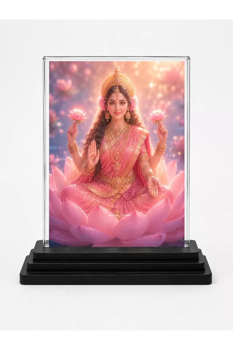 Lakshmi Acrylic Car Dashboard Showpiece | Double-Sided Lakshmi Photo Stand | 3 X 4 Inch Photo | Transparent Acrylic Frame With Black Base | Car Dashboard, Office & Table Decor (F70320)