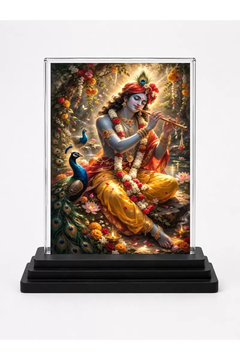 Krishna Acrylic Car Dashboard Showpiece | Double-Sided Krishna Photo Stand | 3 X 4 Inch Photo | Transparent Acrylic Frame With Black Base | Car Dashboard, Office & Table Decor (F70324)