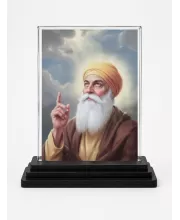 Guru Nanak Dev Ji Acrylic Car Dashboard Showpiece | Double-Sided Guru Nanak Dev Ji Photo Stand | 3 X 4 Inch Photo | Transparent Acrylic Frame With Black Base | Car Dashboard, Office & Table Decor (F70327)