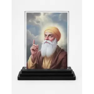 Guru Nanak Dev Ji Acrylic Car Dashboard Showpiece | Double-Sided Guru Nanak Dev Ji Photo Stand | 3 X 4 Inch Photo | Transparent Acrylic Frame With Black Base | Car Dashboard, Office & Table Decor (F70327)
