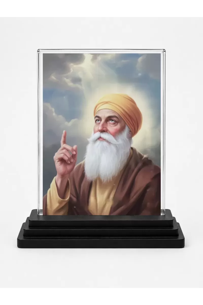 Guru Nanak Dev Ji Acrylic Car Dashboard Showpiece | Double-Sided Guru Nanak Dev Ji Photo Stand | 3 X 4 Inch Photo | Transparent Acrylic Frame With Black Base | Car Dashboard, Office & Table Decor (F70327)
