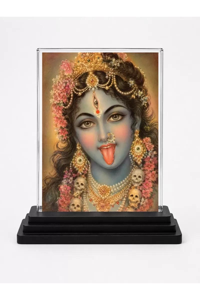 Maa Kali Acrylic Car Dashboard Showpiece | Double-Sided Maa Kali Photo Stand | 3 X 4 Inch Photo | Transparent Acrylic Frame With Black Base | Car Dashboard, Office & Table Decor (F70331)