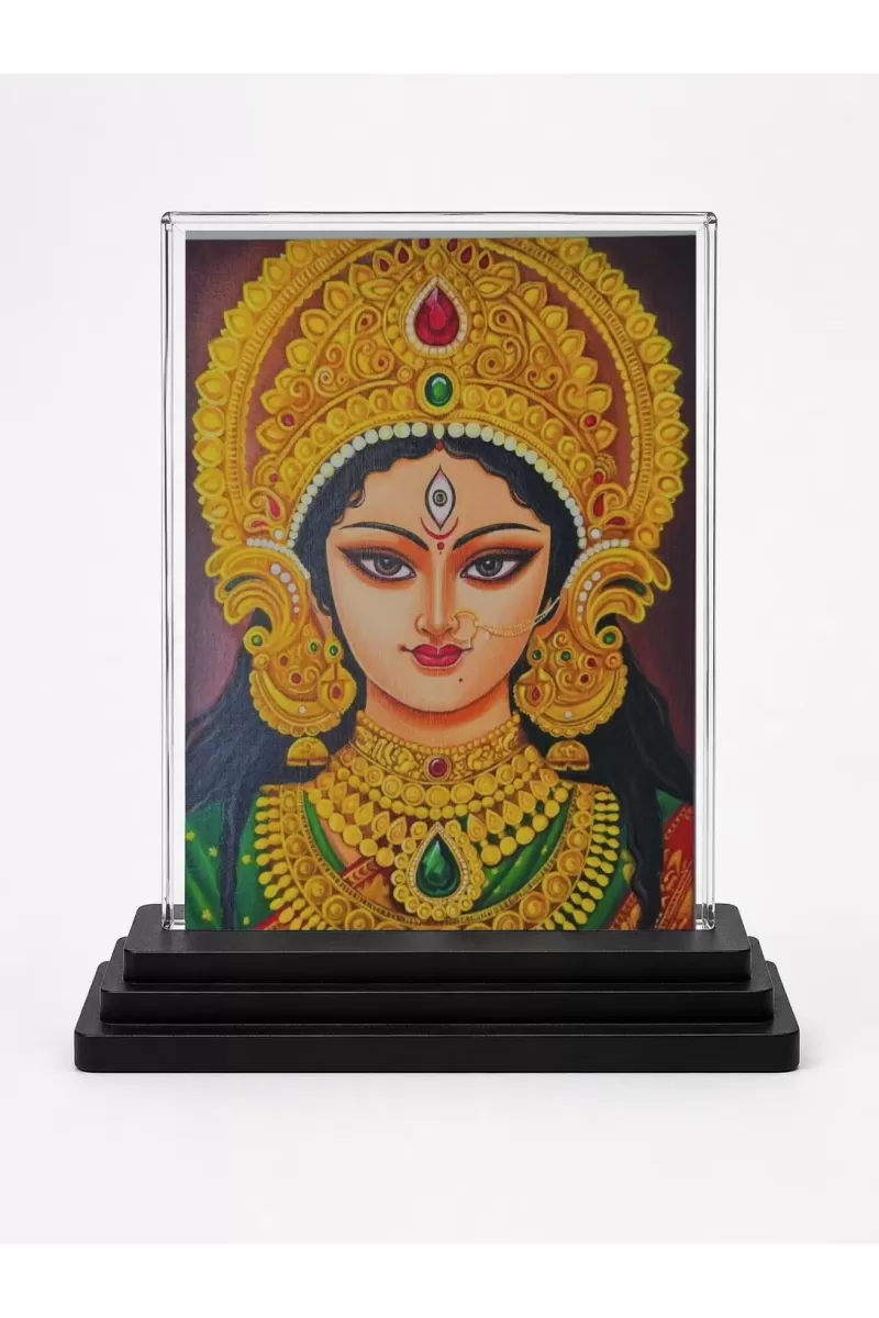 Lakshmi Acrylic Car Dashboard Showpiece | Double-Sided Lakshmi Photo Stand | 3 X 4 Inch Photo | Transparent Acrylic Frame With Black Base | Car Dashboard, Office & Table Decor (F70335)