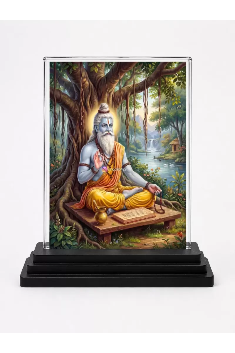 Maharishi Veda Vyasa Acrylic Car Dashboard Showpiece | Double-Sided Maharishi Veda Vyasa Photo Stand | 3 X 4 Inch Photo | Transparent Acrylic Frame With Black Base | Car Dashboard, Office & Table Decor (F70340)