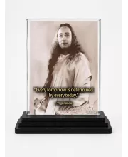 Yogadananda Acrylic Car Dashboard Showpiece | Double-Sided Yogadananda Photo Stand | 3 X 4 Inch Photo | Transparent Acrylic Frame With Black Base | Car Dashboard, Office & Table Decor (F70342)