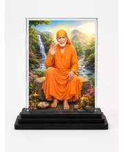 Sai Baba Acrylic Car Dashboard Showpiece | Double-Sided Sai Baba Photo Stand | 3 X 4 Inch Photo | Transparent Acrylic Frame With Black Base | Car Dashboard, Office & Table Decor (F70345)