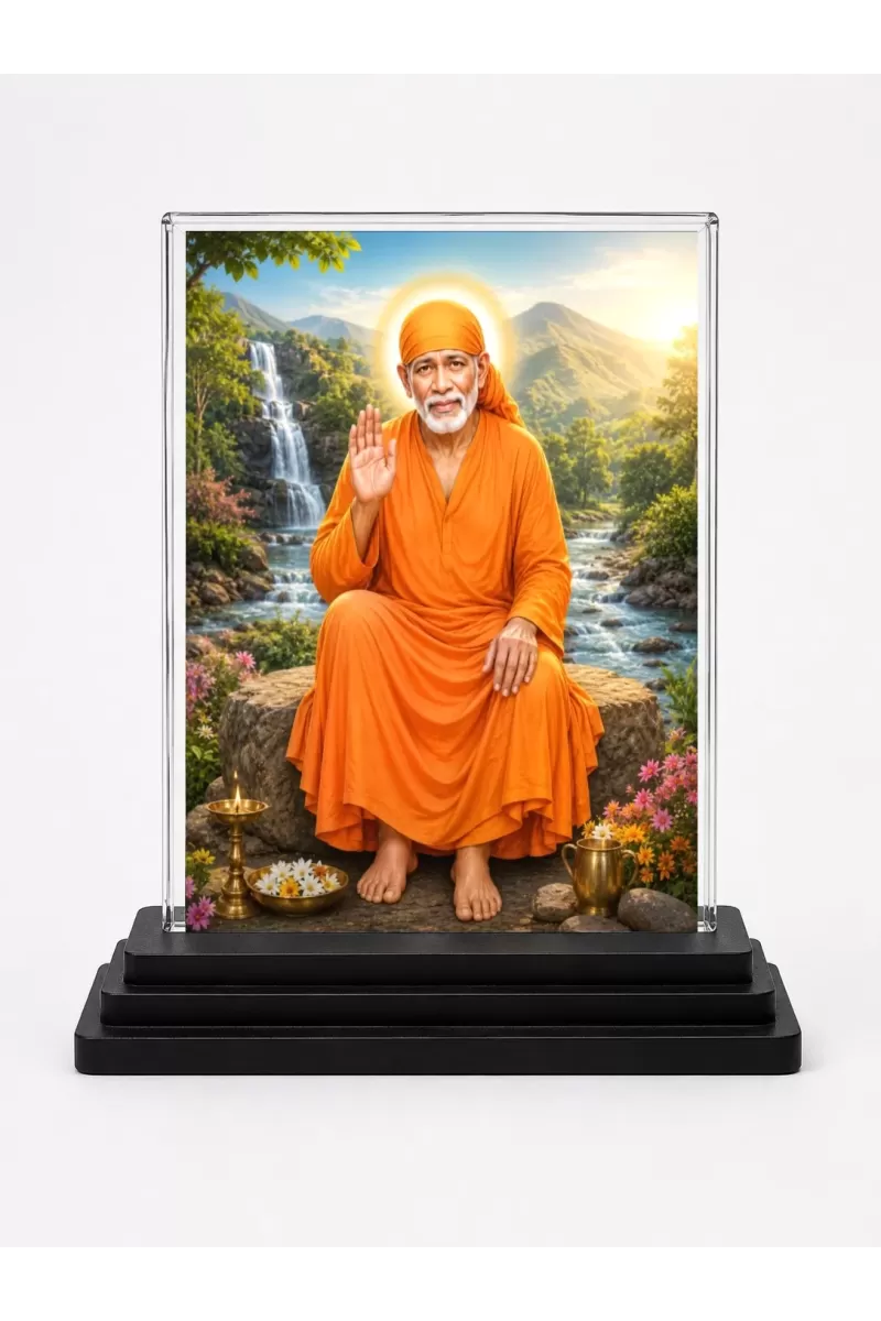 Sai Baba Acrylic Car Dashboard Showpiece | Double-Sided Sai Baba Photo Stand | 3 X 4 Inch Photo | Transparent Acrylic Frame With Black Base | Car Dashboard, Office & Table Decor (F70345)