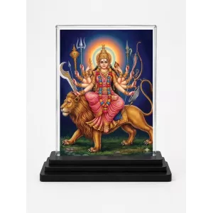 Durga Maa Acrylic Car Dashboard Showpiece | Double-Sided Durga Maa Photo Stand | 3 X 4 Inch Photo | Transparent Acrylic Frame With Black Base | Car Dashboard, Office & Table Decor (F70346)