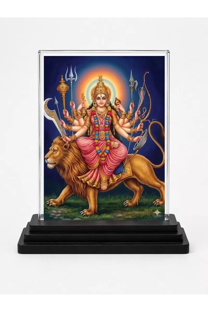 Durga Maa Acrylic Car Dashboard Showpiece | Double-Sided Durga Maa Photo Stand | 3 X 4 Inch Photo | Transparent Acrylic Frame With Black Base | Car Dashboard, Office & Table Decor (F70346)