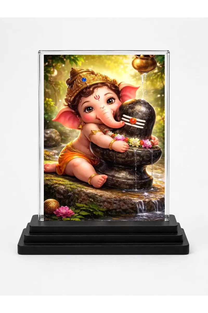 Hindu Deity Acrylic Car Dashboard Showpiece | Double-Sided Hindu Deity Photo Stand | 3 X 4 Inch Photo | Transparent Acrylic Frame With Black Base | Car Dashboard, Office & Table Decor (F70347)