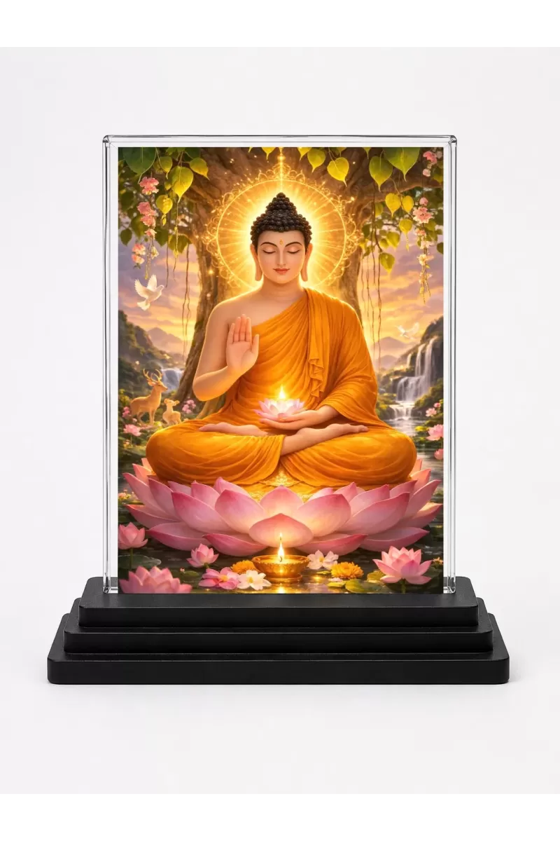 Gautama Buddha Acrylic Car Dashboard Showpiece | Double-Sided Gautama Buddha Photo Stand | 3 X 4 Inch Photo | Transparent Acrylic Frame With Black Base | Car Dashboard, Office & Table Decor (F70348)
