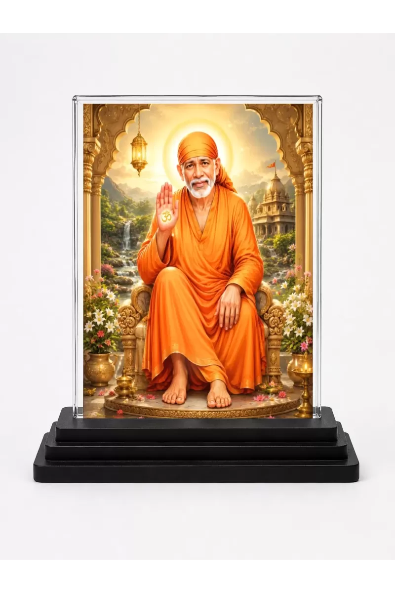 Sai Baba Acrylic Car Dashboard Showpiece | Double-Sided Sai Baba Photo Stand | 3 X 4 Inch Photo | Transparent Acrylic Frame With Black Base | Car Dashboard, Office & Table Decor (F70349)