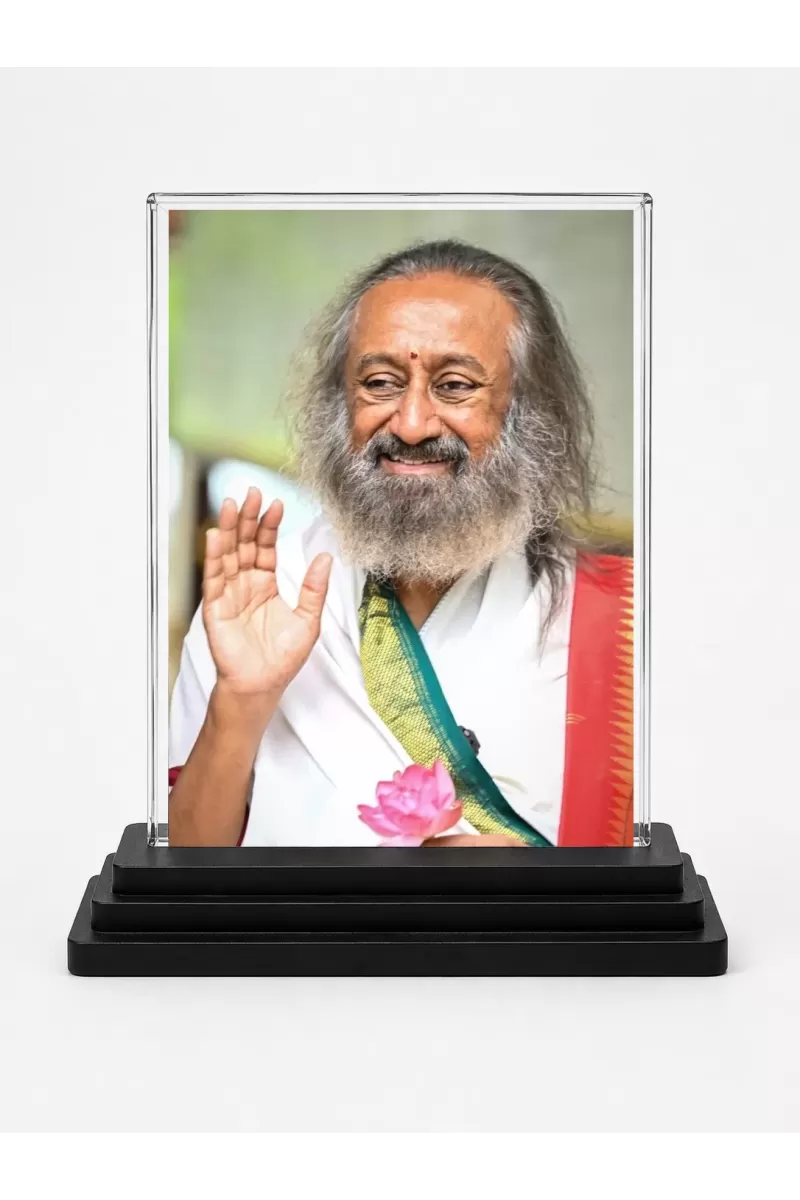 Sri Sri Ravi Shankar Acrylic Car Dashboard Showpiece | Double-Sided Sri Sri Ravi Shankar Photo Stand | 3 X 4 Inch Photo | Transparent Acrylic Frame With Black Base | Car Dashboard, Office & Table Decor (F70350)