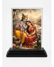 Radha Krishna Acrylic Car Dashboard Showpiece | Double-Sided Radha Krishna Photo Stand | 3 X 4 Inch Photo | Transparent Acrylic Frame With Black Base | Car Dashboard, Office & Table Decor (F70352)