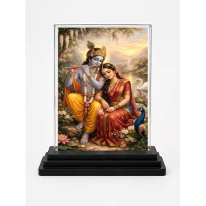 Radha Krishna Acrylic Car Dashboard Showpiece | Double-Sided Radha Krishna Photo Stand | 3 X 4 Inch Photo | Transparent Acrylic Frame With Black Base | Car Dashboard, Office & Table Decor (F70352)
