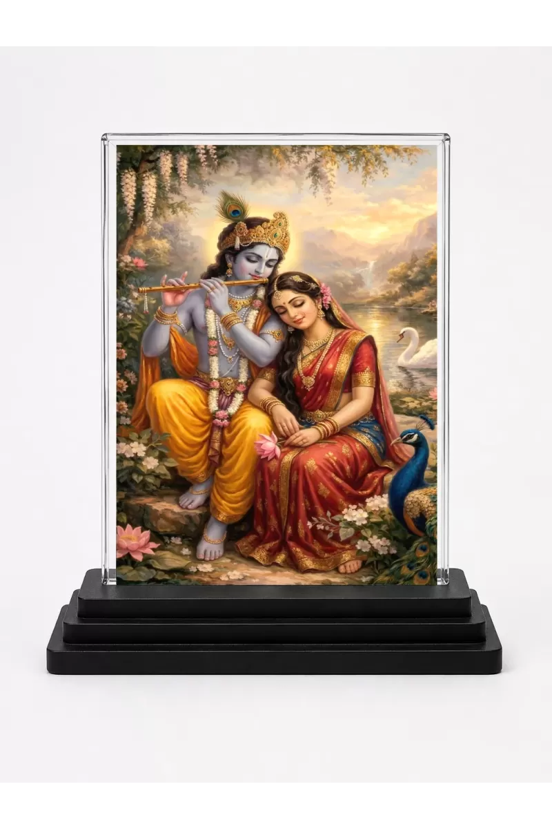 Radha Krishna Acrylic Car Dashboard Showpiece | Double-Sided Radha Krishna Photo Stand | 3 X 4 Inch Photo | Transparent Acrylic Frame With Black Base | Car Dashboard, Office & Table Decor (F70352)