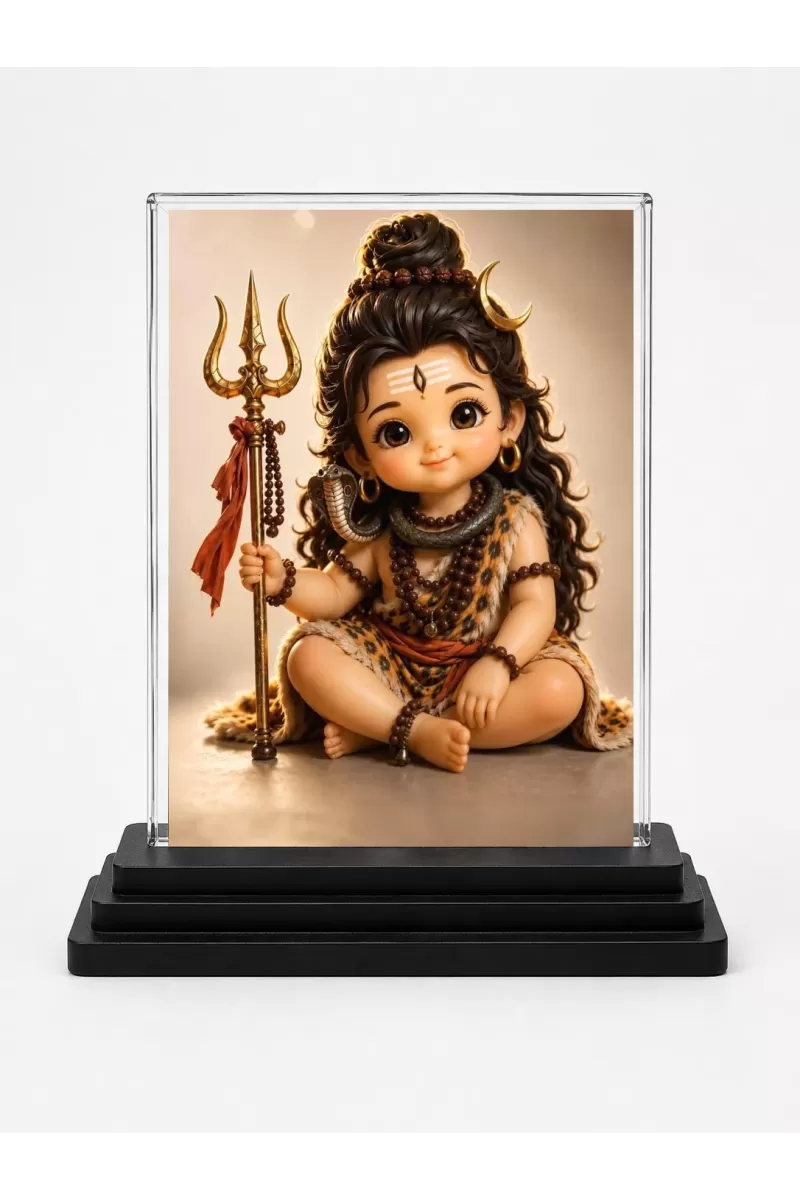 Lord Shiva Acrylic Car Dashboard Showpiece | Double-Sided Lord Shiva Photo Stand | 3 X 4 Inch Photo | Transparent Acrylic Frame With Black Base | Car Dashboard, Office & Table Decor (F70353)
