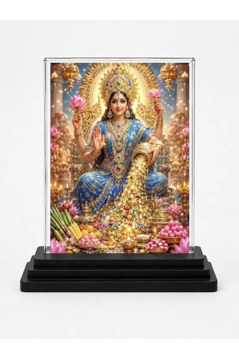 Lakshmi Acrylic Car Dashboard Showpiece | Double-Sided Lakshmi Photo Stand | 3 X 4 Inch Photo | Transparent Acrylic Frame With Black Base | Car Dashboard, Office & Table Decor (F70354)