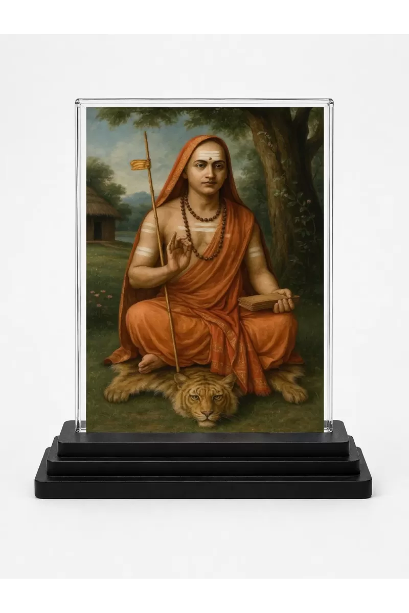 Adi Shankaracharya Acrylic Car Dashboard Showpiece | Double-Sided Adi Shankaracharya Photo Stand | 3 X 4 Inch Photo | Transparent Acrylic Frame With Black Base | Car Dashboard, Office & Table Decor (F70355)